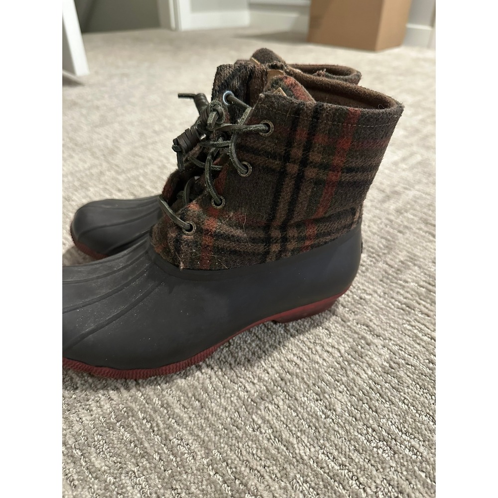 Sperry Saltwater Duck Boots Womens 7.5 Brown Red Plaid Wool STS95922